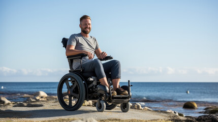 A man in a wheelchair on the ocean shore