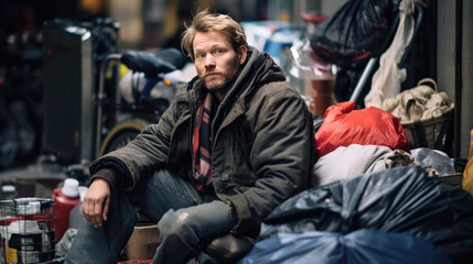 Fototapeta na wymiar Homeless man on a city street