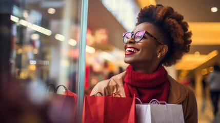 Obraz premium Young woman stands with bags while shopping in the mall.
