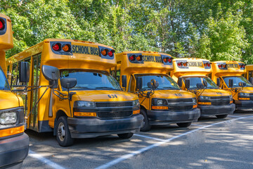 Obraz premium Front of a parked yellow school buses.