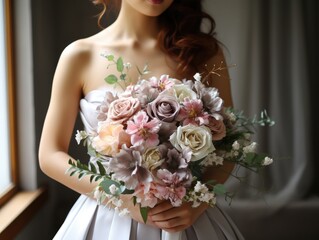 young girl in a white wedding dress holds in her hands a bouquet of flowers and greenery with a ribbon. AI Generative.