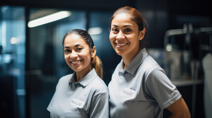 Happy multicultural cleaners looking at camera while standing with cleaning supplies in office