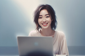 Naklejka premium Girl with laptop sitting on the chair. Young woman working at her office. Vector flat style cartoon illustration. Generative AI.