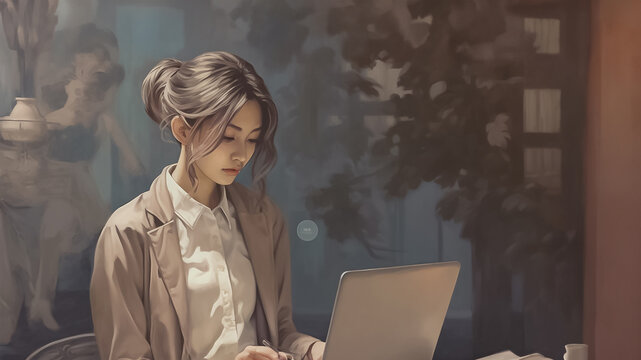 Girl with laptop sitting on the chair. Young woman working at her office. Vector flat style cartoon illustration. Generative AI.