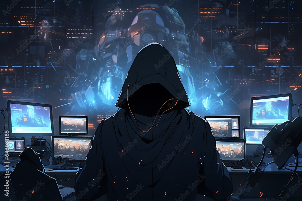 Wall mural hacker sitting at the computer, cyber security and anti-spyware concept