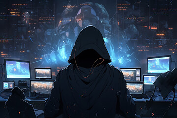 hacker sitting at the computer, cyber security and anti-spyware concept 
