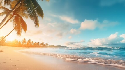 A paradise beach with golden sand and palm leaves in blur. Summer banner. - obrazy, fototapety, plakaty