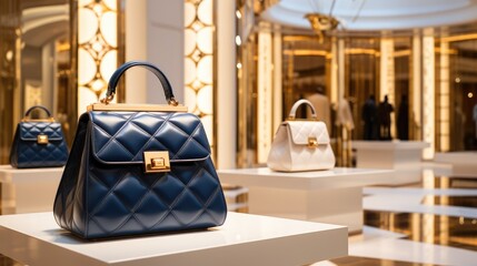 Women's handbags expensive luxury boutique. - obrazy, fototapety, plakaty