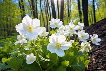 White flowers of anemones in spring in a forest close-up in sunlight in nature. Spring forest landscape with flowering primroses.