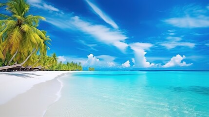 Fototapeta na wymiar Beautiful natural tropical landscape, beach with white sand and Palm tree leaned over calm wave. Turquoise ocean on background blue sky with clouds on sunny summer day.
