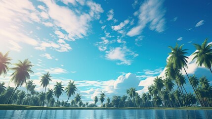 Beautiful natural tropical landscape, beach with white sand and Palm tree leaned over calm wave. Turquoise ocean on background blue sky with clouds on sunny summer day.