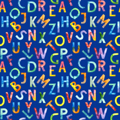 Seamless pattern of ABC capital letters of the alphabet hand drawn with watercolor. Lettering on blue background. For fabric, sketchbook, wallpaper, wrapping paper.