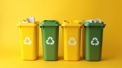 Different color recycling garbage container on yellow background.