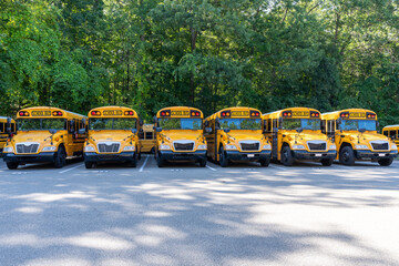 Front of a several parked yellow school buses