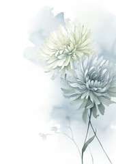  Watercolor Retirement Invitation Card Template,  Soft Slate Blue and shimmering Glistening Silver hues , Elegant Chrysanthemums, symbols of longevity and new beginnings