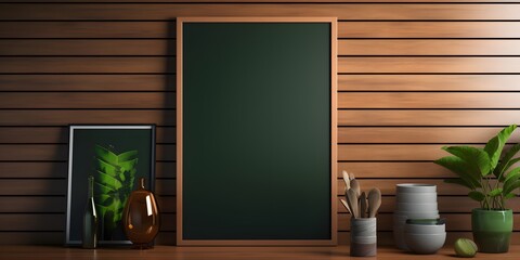 Mock up poster frame in kitchen interior and accessories with dark green wooden slatted wall background