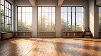 Empty loft interior room with wooden floor.