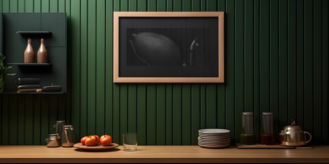 Mock up poster frame in kitchen interior and accessories with dark green wooden slatted wall background - obrazy, fototapety, plakaty