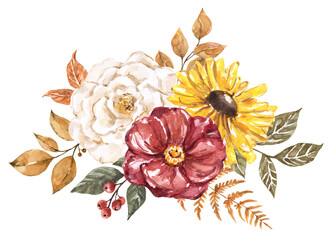 A watercolor floral arrangement featuring autumn flowers and foliage. Botanical illustration of a fall bouquet. PNG clipart.