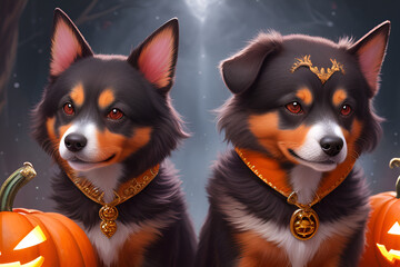 Two cute playful dogs wearing fantasy accessories, along with halloween pumkins . generative ai