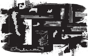 Naklejka premium Glitch distorted grange shape . Noise grungy logo . Trendy defect error shapes . Glitched frame .Grunge textured . Distressed effect .Vector shapes with a halftone dots screen print texture.