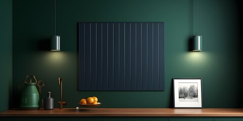 Mock up poster frame in kitchen interior and accessories with dark green wooden slatted wall background