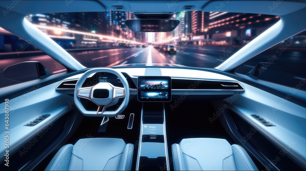 Poster future technologies, interior of a self-driving car controlled by an artificial intelligence autopil