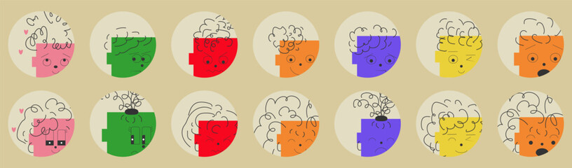 set of round stickers of funny faces with different emotions: love, resentment, anger, smile, surprise, flirting, wary.Flat vector illustration of faces made of simple figures in the style of a doodle