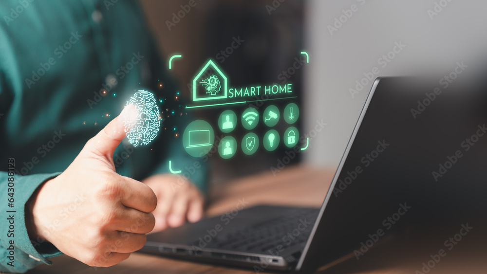 Poster Adult man controlling technology AI smart home devices using a laptop computer with launched application in the bed room. Iot smart home automation app concept.