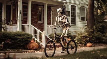 Fototapeta premium a skeleton riding a bike in front of a house with pumpkins on the ground and trees around it,