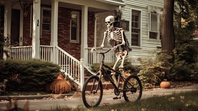 a skeleton riding a bike in front of a house with pumpkins on the ground and trees around it,