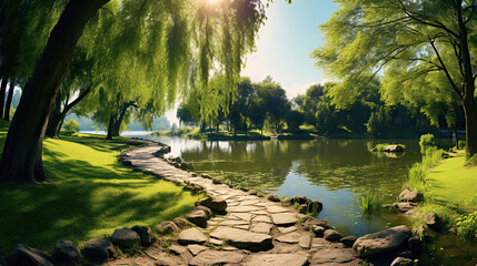 Beautiful colorful summer spring natural landscape with a lake in Park surrounded by green foliage of trees in sunlight and stone path in foreground. - obrazy, fototapety, plakaty