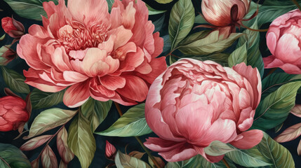 Beautiful peony flowers with leaves on background. Seamless floral pattern, border. Watercolor painting. Hand drawn illustration. Design for fabric, wallpaper, bed linen, greeting card design.