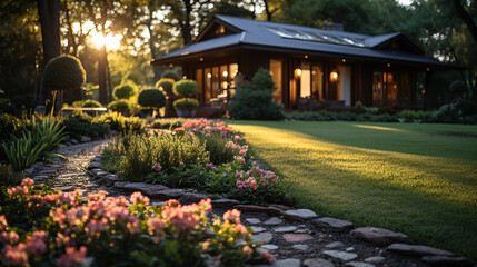 Beautiful manicured lawn and flowerbed with deciduous shrubs on private plot and track to house against backlit bright warm sunset evening light on background. Soft focusing in foreground. - obrazy, fototapety, plakaty