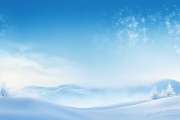 Winter snow background with snowdrifts, with beautiful light and snow flakes on the blue sky, copy space.