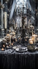 a table with candles, skulls and other items in the middle part of the table is an old - fashioned chandel