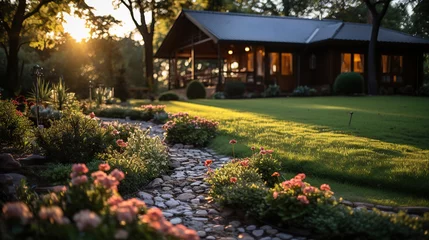 Foto op Aluminium Beautiful manicured lawn and flowerbed with deciduous shrubs on private plot and track to house against backlit bright warm sunset evening light on background. Soft focusing in foreground. © Santy Hong