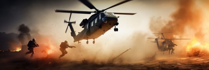 Fototapeta na wymiar Generic military chopper crosses fire and smoke in the desert during an extraction mission at war zone.