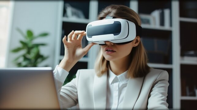 Businesswoman in VR headset with laptop sitting in office, Virtual reality.