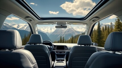 Interior of electric vehicle passenger seat with mountain view, Modern interior of car.