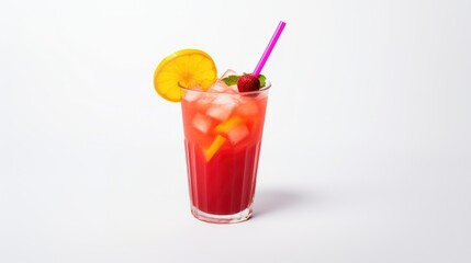 Vibrant Refreshment: A Colorful Fruit Punch Delightfully Served in a Glass, Overflowing with Fresh Fruits, and Displayed on a Crisp White Background