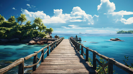 Beautiful tropical landscape background, concept for summer travel and vacation. Wooden pier to an island in ocean against blue sky with white clouds.