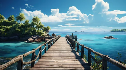 Fotobehang Beautiful tropical landscape background, concept for summer travel and vacation. Wooden pier to an island in ocean against blue sky with white clouds. © Santy Hong