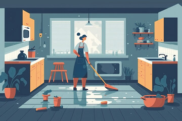 Housewife in apron clean up mess in kitchen at home, illustration generative AI