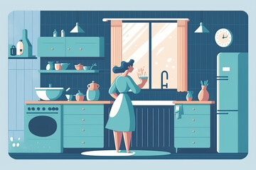 Housekeeper washing and wiping dishware in kitchen, illustration generative AI