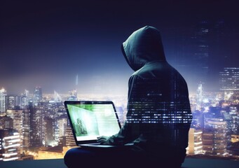Hacker man with anonymous mask using laptop to hacking in the top building. AI Generative.