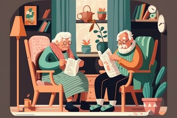 Senior couple sitting on chairs and reading news, illustration generative AI - obrazy, fototapety, plakaty