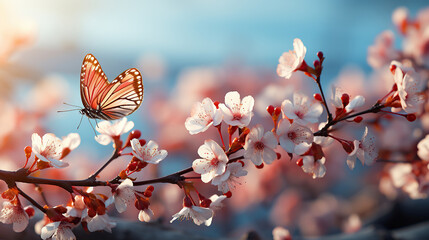 Branches of blossoming cherry against background of blue sky and fluttering butterflies in spring on nature outdoors. Pink sakura flowers, dreamy romantic artistic image of spring nature, copy space. - obrazy, fototapety, plakaty