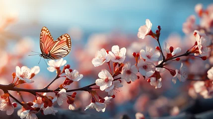 Poster Branches of blossoming cherry against background of blue sky and fluttering butterflies in spring on nature outdoors. Pink sakura flowers, dreamy romantic artistic image of spring nature, copy space. © Santy Hong