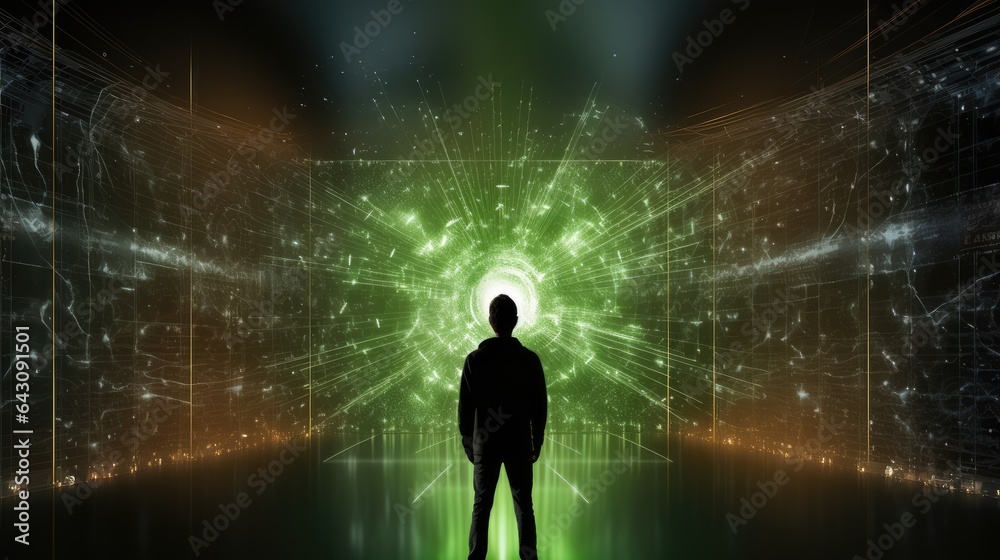 Poster rear view, man is looking at a huge screen shows a neural network diagram.